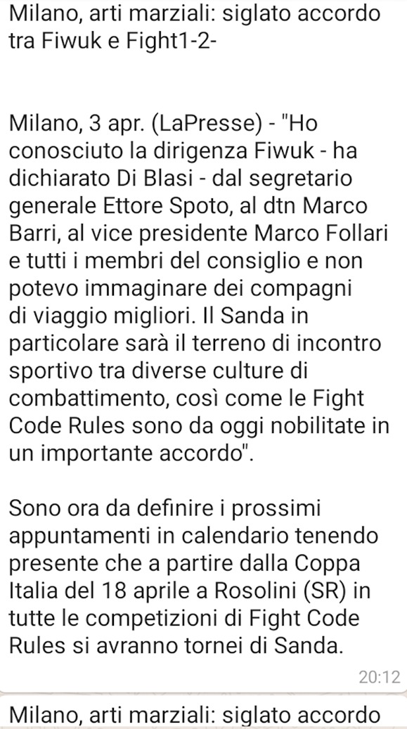 DICONO DI NOI: LAPRESSE E ANSA RIPORTANO LA NOTIZIA DELLO STORICO ACCORDO FIWUK-FIGHT1.